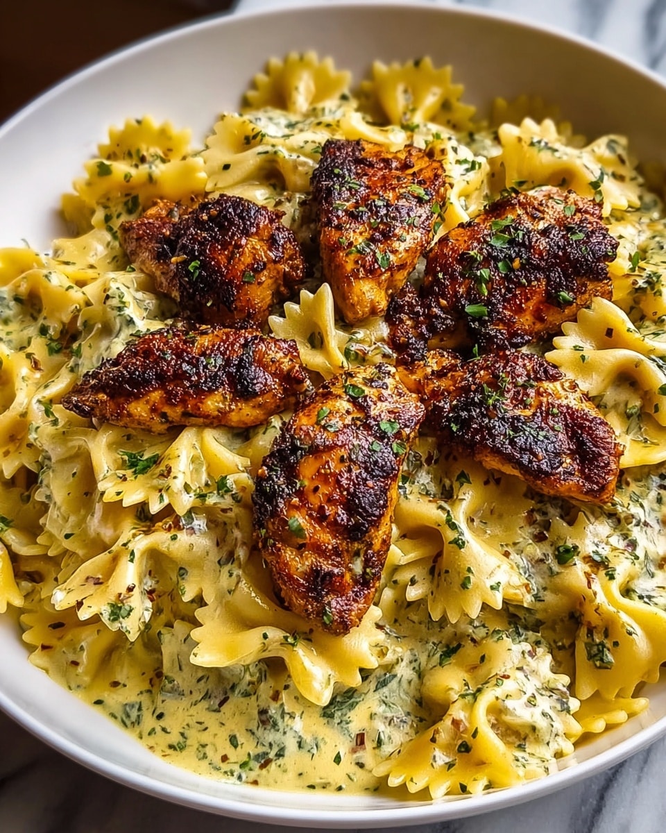 A white bowl filled with creamy farfalle pasta as the base layer, coated evenly with a rich, light yellow sauce that has herbs and red pepper flakes sprinkled throughout. On top of the pasta are three grilled chicken pieces with a golden brown color and slightly charred edges, showing a crisp texture. The herbs are scattered over the chicken and pasta, adding small green and red specks. The bowl is set on a white marbled surface. photo taken with an iphone --ar 4:5 --v 7