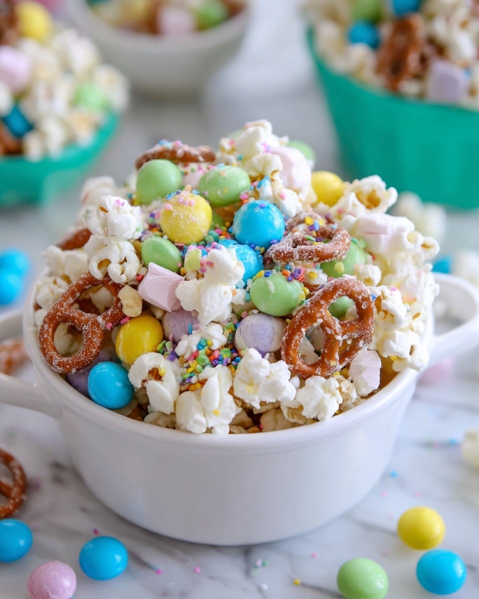 A white bowl filled with a colorful mix of popcorn pieces that are white and fluffy, small round candy-coated chocolates in bright blue, green, and yellow, pale pastel-colored mini marshmallows, salted pretzel rings covered with sugar, and scattered multicolored round sprinkles on top. The bowl’s handles are visible on each side. The background is a white marbled texture, softly blurred with hints of green and blue bowls filled with similar treats. Photo taken with an iphone --ar 4:5 --v 7