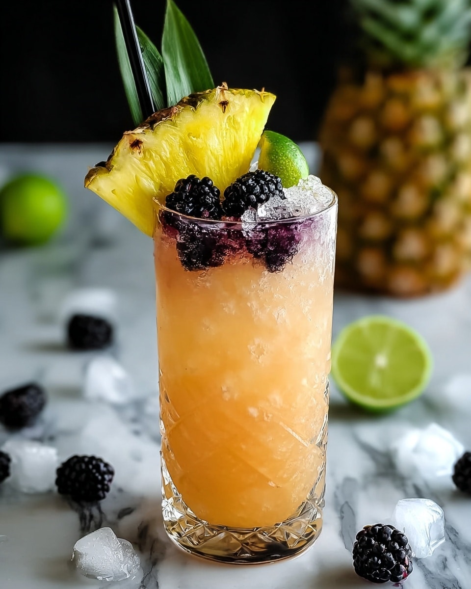 A tall textured glass filled with crushed ice and light orange liquid forms the bottom layer, topped with a dark purple layer of blackberry syrup with small bubbles visible on the surface. On top, several whole blackberries sit close together, accompanied by a bright yellow pineapple wedge with green tips and a green lime slice behind it. A black straw stands up from the glass, all set on a white marbled surface scattered with more blackberries and lime halves in the blurry background. The photo taken with an iphone --ar 4:5 --v 7