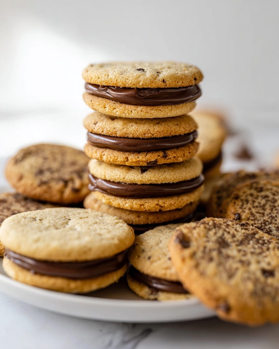 A close-up shows a stack of seven sandwich cookies on a white plate, each cookie layer is golden brown with a rough texture and small chocolate chips visible, separated by smooth, dark brown chocolate cream filling. Around the stack, several more cookies lay flat on the plate, some showing the shiny chocolate layer on top and others the soft, bumpy cookie side. The background is a soft white with a white marbled texture surface. photo taken with an iphone --ar 4:5 --v 7