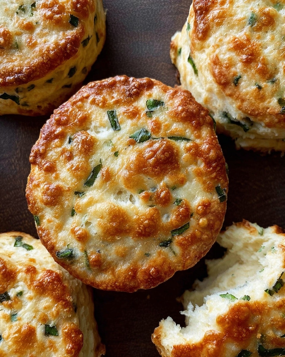 The image shows a close-up of a round, golden-brown biscuit with a slightly crispy top layer that has a textured surface with small bubbles and light browning. The biscuit has green herb bits embedded throughout, giving a speckled green and white look under the browned crust. It is thick with one visible main layer, displaying a soft and fluffy interior with a light, airy texture visible in the small torn section on a biscuit at the corner. The biscuits are placed closely together on a dark surface, which contrasts with their warm colors. photo taken with an iphone --ar 4:5 --v 7