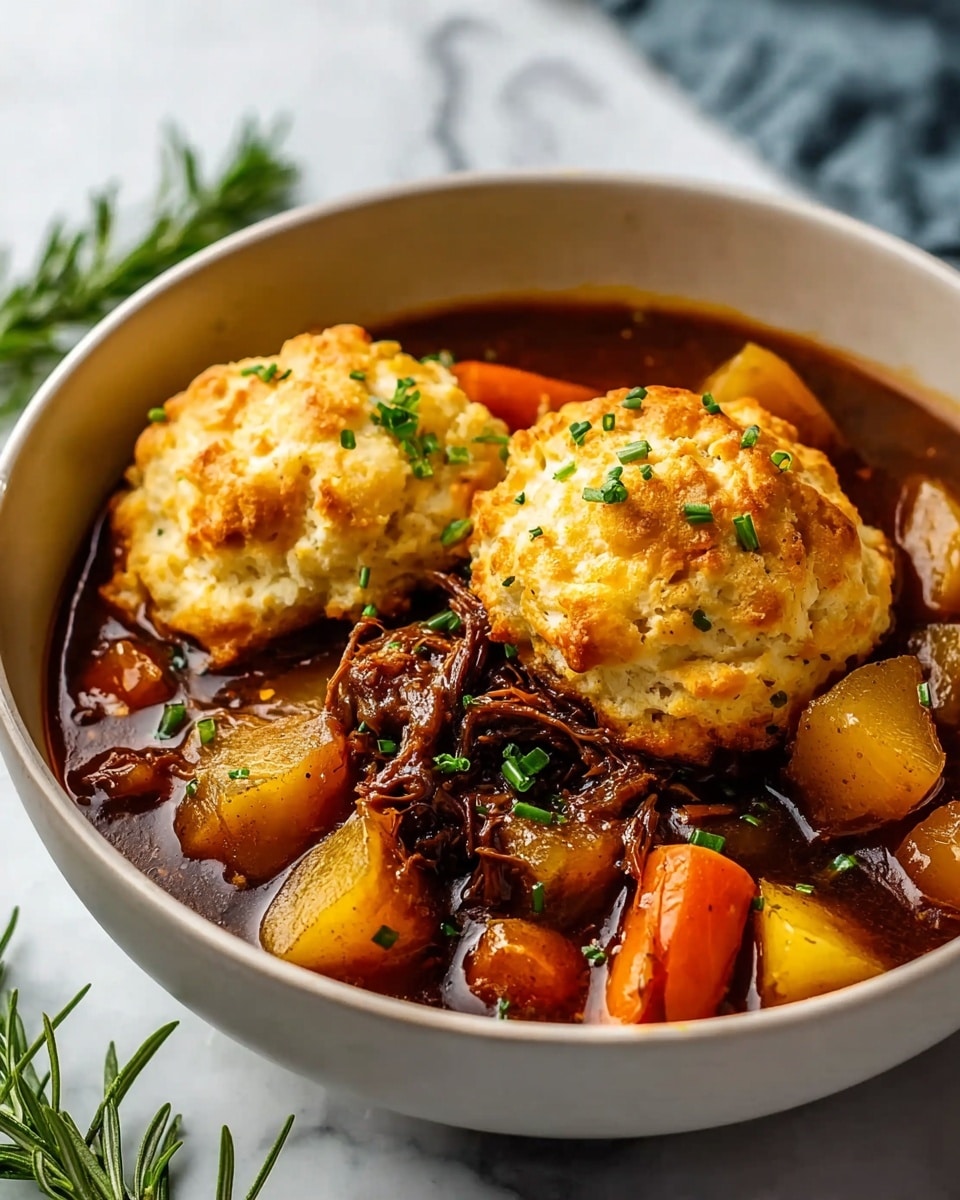 Inside a white bowl, there is a rich brown stew filled with chunky orange carrot pieces and golden yellow potato cubes, covered with tender shredded dark brown meat. On top of the stew are two large, golden biscuit dumplings with a slightly crispy texture and small green chive pieces sprinkled all over them. The bowl sits on a white marbled surface with a sprig of fresh green rosemary nearby. photo taken with an iphone --ar 4:5 --v 7