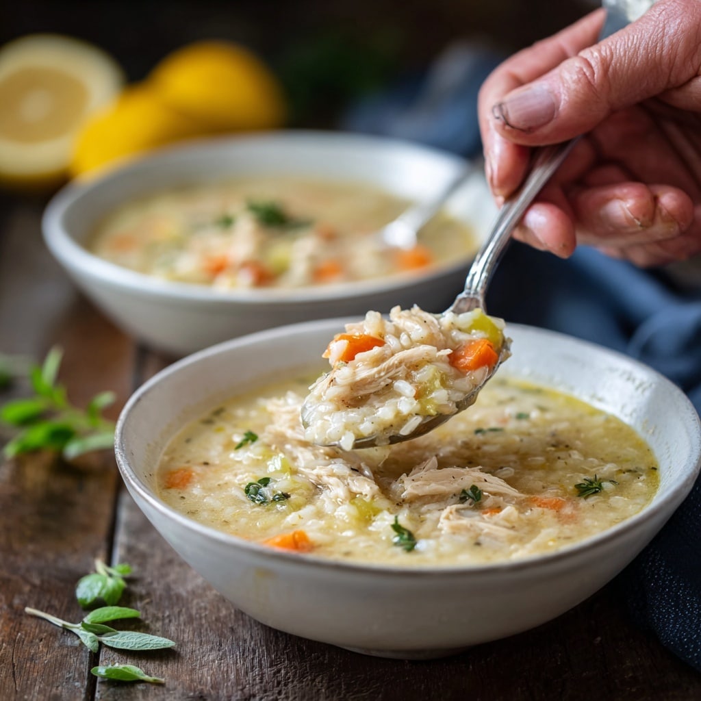 A close-up of two white bowls filled with creamy chicken and rice soup, with visible pieces of shredded chicken and small diced orange carrots mixed throughout. The first bowl is in the foreground, showing the thick, creamy texture of the soup with grains of rice and bits of celery. A silver spoon is scooping the soup from this bowl, held by a woman’s hand, displaying a spoonful with bright orange carrot pieces and tender chicken. The bowls are placed on a dark wooden surface, and there are two lemon halves blurred in the background. A few green herb leaves garnish the soup, adding a touch of color. photo taken with an iphone --ar 4:5 --v 7