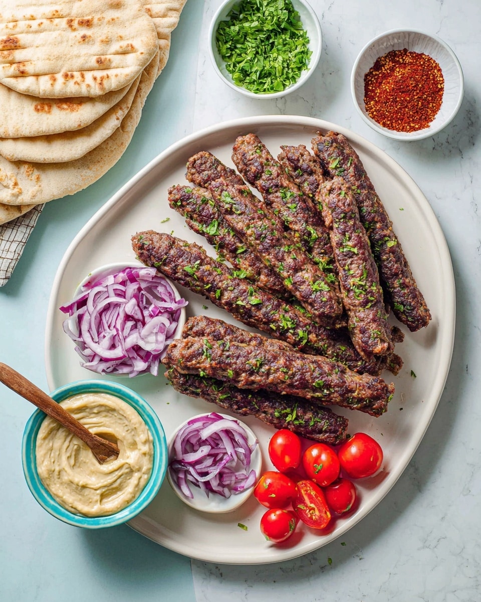 The image shows a white oval plate with about ten long, thin, grilled kebab sticks that are dark brown with small bits of green herbs sprinkled on top, arranged in a loose pile on the right side of the plate. Around the kebabs are four small white bowls: one with bright green chopped herbs at the top left, one with fine red spice powder next to it on the top right, one with sliced red onion rings on the lower left, and the last one with halved red cherry tomatoes on the bottom right. There is also a small light blue bowl with creamy beige sauce and a wooden spoon resting on it near the bottom left edge of the plate. On the left side of the image, there are pieces of soft white pita bread overlapping each other, all placed on a white marbled textured surface. photo taken with an iphone --ar 4:5 --v 7