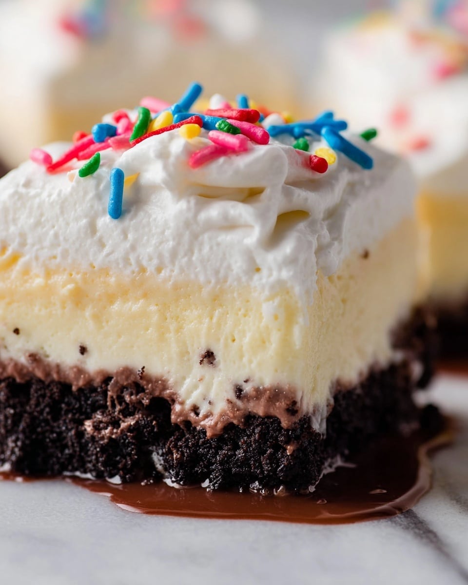 The image shows a close-up of a white frosted cake decorated with colorful sprinkle pieces spread across the left side. The right side features a thick row of white whipped cream rosettes with a soft, fluffy texture, arranged in a line along the edge of the cake. The base frosting is smooth and creamy, creating a clean backdrop for the vivid red, green, yellow, blue, pink, and orange sprinkles. The cake sits on a white marbled surface, and the edge of a silver foil or foil-lined pan is visible on the right side of the image. Photo taken with an iphone --ar 4:5 --v 7
