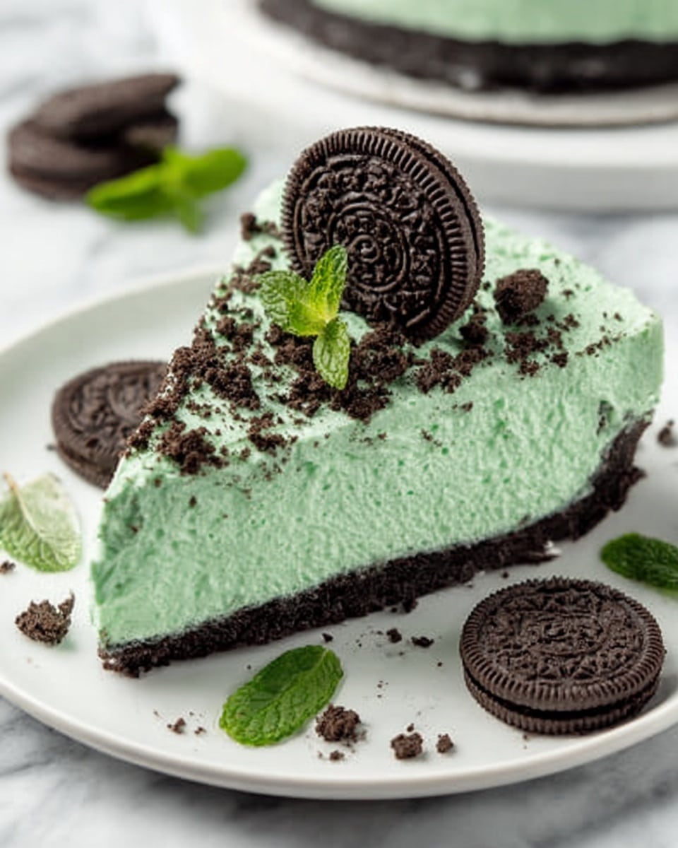A slice of mint green cheesecake sits on a white plate, topped with a whole Oreo cookie standing upright near the center, and sprinkled with small Oreo cookie crumbs across the surface. The cheesecake has a thick, dark brown crust at the bottom and a smooth, creamy green layer above it. Around the plate, there are extra Oreo pieces and small green mint leaves for decoration. The background shows a white marbled surface, giving a clean and fresh look. Photo taken with an iphone --ar 4:5 --v 7