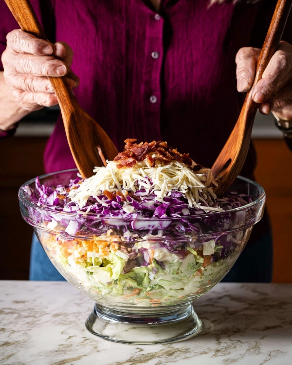 A clear glass bowl on a white marbled surface holds a layered salad with four visible layers: the bottom layer is shredded purple cabbage, the second layer is finely chopped green cabbage, the third layer contains small orange pieces mixed with more cabbage, and the top layer has white shredded cheese and small pieces of red onion, along with crispy brown bacon pieces scattered. Two wooden salad spoons are held by a woman's hand, mixing the salad, with the woman wearing a maroon top visible in the background. photo taken with an iphone --ar 4:5 --v 7