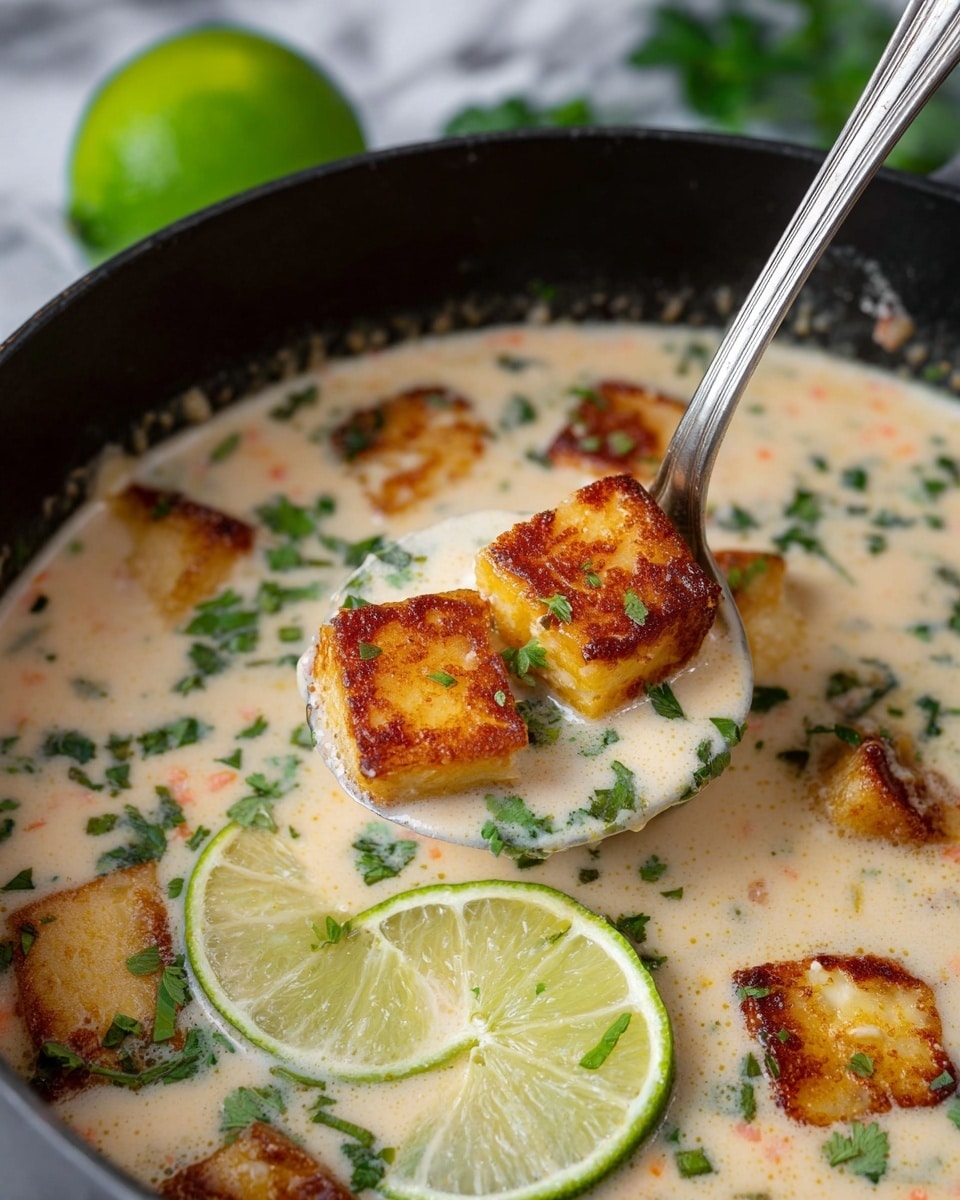 The image shows a close-up of a creamy soup filled with golden-brown pan-fried cubes of paneer or tofu. The soup is off-white with light orange specks, showing a smooth and slightly thick texture, with chopped green herbs sprinkled all over. On top of the soup, two thin, bright green lime slices and fresh cilantro leaves add a fresh contrast. A large silver spoon is lifted above the pot, holding three golden cubes, some soup, lime slices, and herb pieces. The pot is black, resting on a white marbled surface, with a green lime blurred in the background. photo taken with an iphone --ar 4:5 --v 7