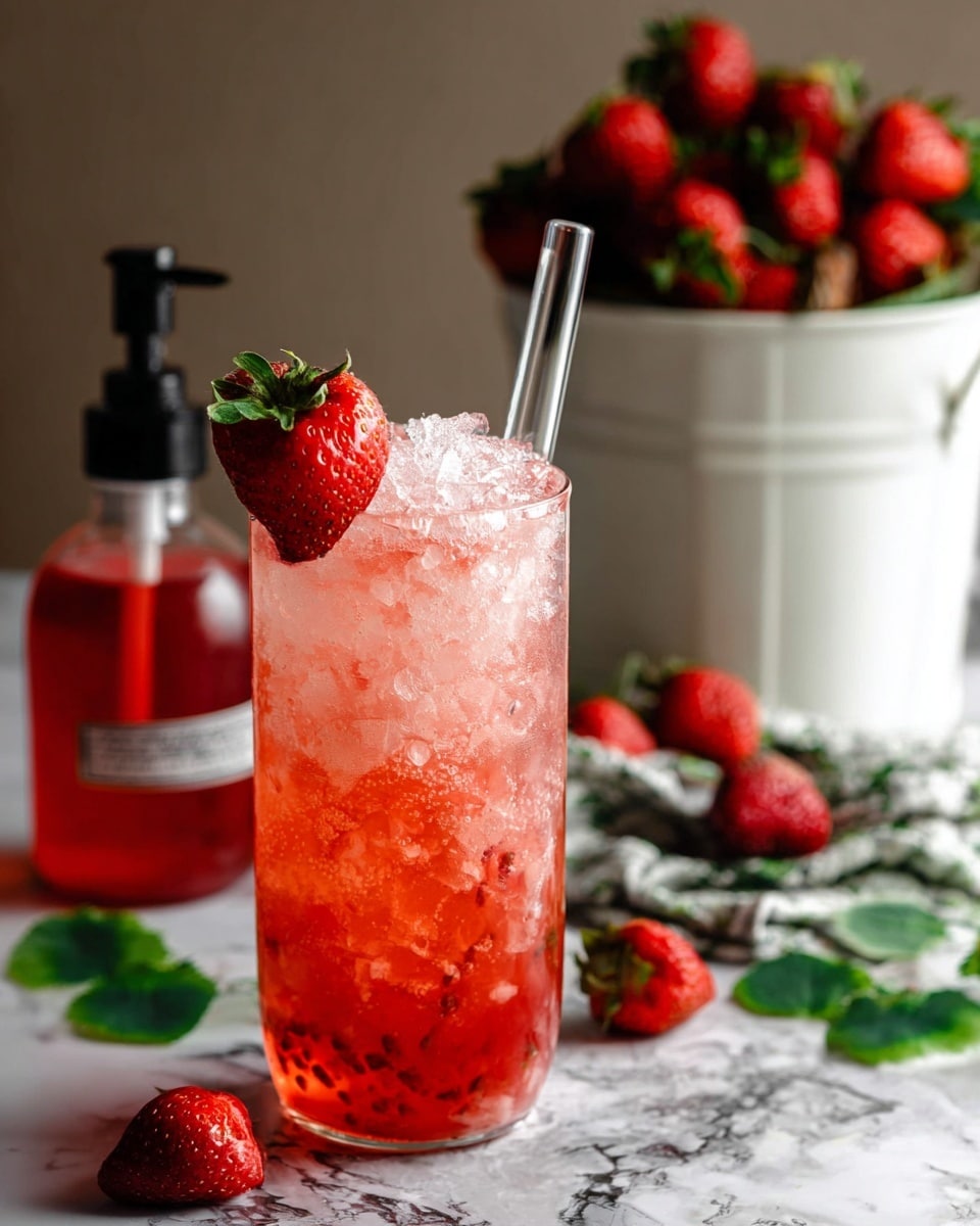 The image shows a tall clear glass filled with a pinkish-red drink layered with crushed ice, creating a textured, frosty look throughout the drink. The glass is garnished with a fresh red strawberry sliced halfway and placed on the rim at the top right. A clear glass straw leans inside the glass, standing tall. In the background, there is a white container filled with bright red strawberries and a transparent bottle with a black pump filled with a red liquid. The setup rests on a white marbled surface with scattered strawberries and a few green leaves around. photo taken with an iphone --ar 4:5 --v 7