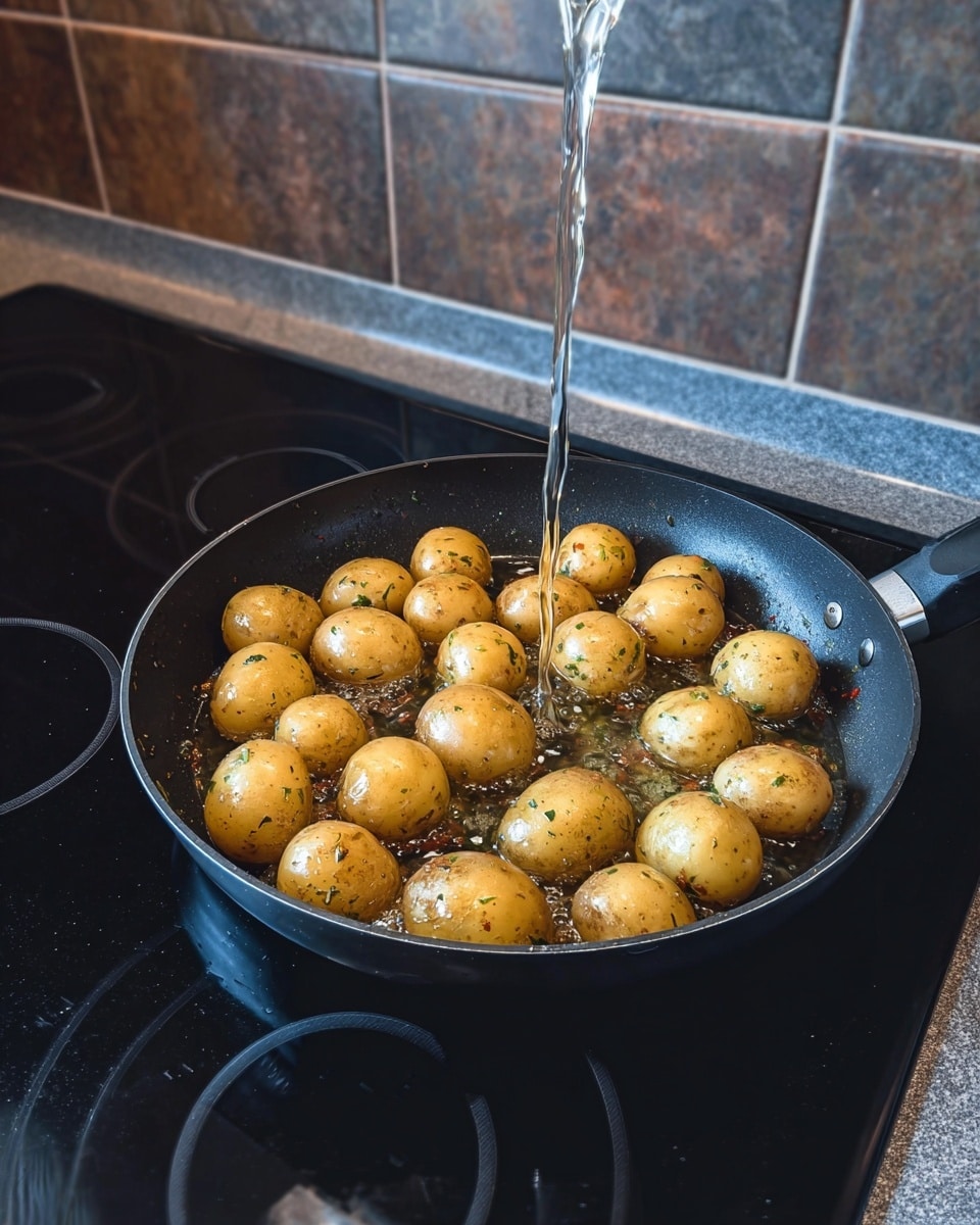 A black pan filled with many small round light golden potatoes sits on a black stovetop with three burner circles visible. The potatoes are coated in a liquid mixed with herbs and small bits of red seasoning, giving them a slightly shiny and textured surface. A clear stream of liquid is pouring into the pan from above, creating splashes and ripples in the heating liquid around the potatoes. The kitchen walls in the background have dark tiles with a mix of brown and gray shades, while the countertop is a gray textured surface. photo taken with an iphone --ar 4:5 --v 7