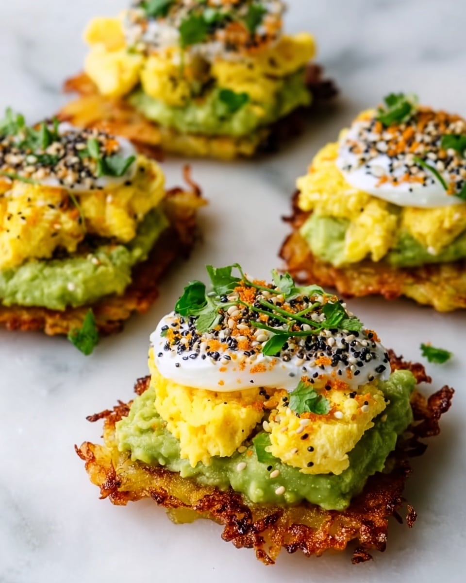 This image shows four pieces of a layered snack placed directly on a white marbled surface. Each piece has three layers: the bottom layer is a crispy, golden-brown potato pancake with a rough texture and edges that look crunchy. The middle layer is a smooth, bright green spread of mashed avocado. The top layer consists of fluffy, light yellow scrambled eggs topped with a dollop of white creamy cheese. The cheese is sprinkled with black and white sesame seeds and orange seasonings, adding texture and color. Small pieces of green herbs decorate the top and sides, giving a fresh look. photo taken with an iphone --ar 4:5 --v 7