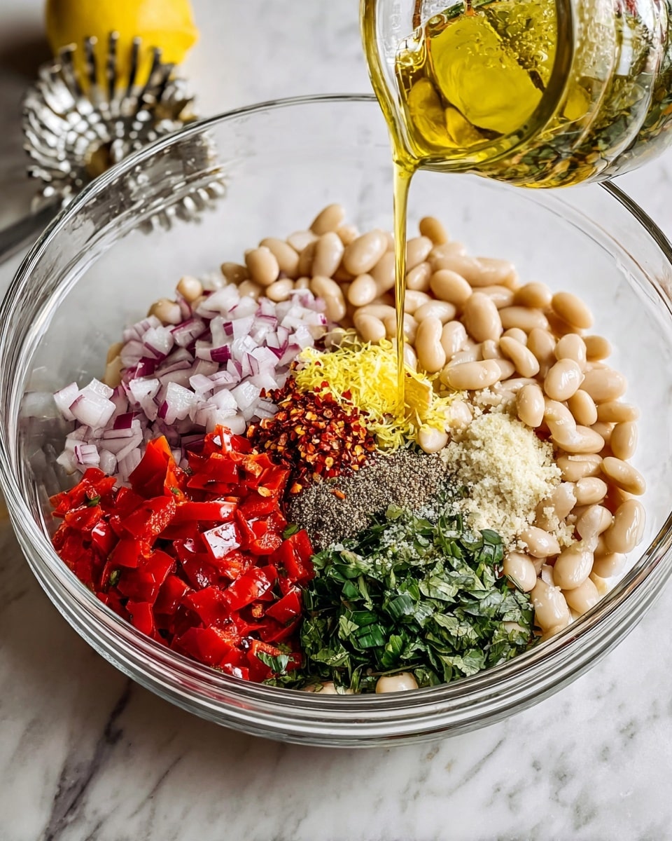 A clear glass bowl sits on a white marbled surface filled with several layered ingredients: a base of light cream-colored white beans covering most of the bowl; chopped light purple shallots on the left; chopped bright red roasted peppers on the lower right; freshly chopped green herbs in the center with bright yellow lemon zest on top; a small pile of black and white coarse ground pepper and salt with red chili flakes between the herbs and lemon zest; finely minced white garlic near the pepper and salt; and golden olive oil being poured from a glass container onto the beans on the right side. In the background is a clear glass lemon squeezer with a lemon half on it at the top left. Photo taken with an iphone --ar 4:5 --v 7
