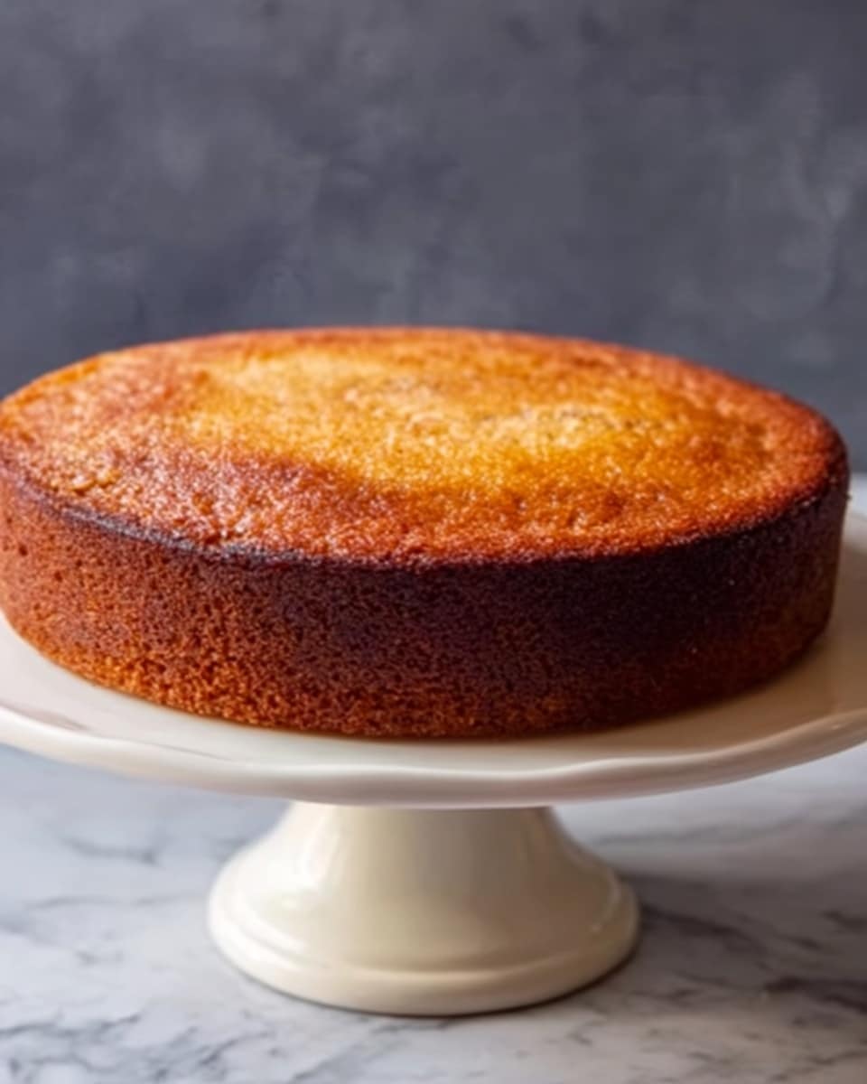 A single round cake with a golden brown top and a slightly darker crust on the sides sits on a white plate with a short pedestal. The cake surface is smooth with a light dusting of sugar or fine crumbs on top, showing a soft and evenly baked texture. The background is a white marbled surface with a dark blurred area behind it, creating contrast with the cake. Photo taken with an iphone --ar 4:5 --v 7