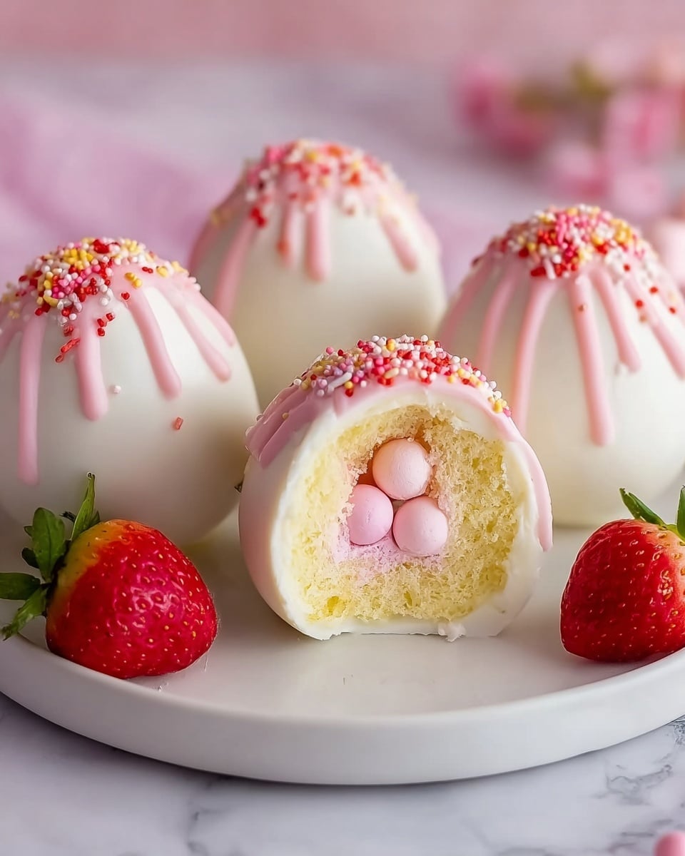 Four white chocolate eggs sit on a white plate over a white marbled surface. Three eggs are whole, each topped with pink drip icing and small red, pink, and yellow sprinkles. One egg is cut open, showing three layers inside: an outer white chocolate shell, a middle soft pink cream layer, and an inner layer of yellow sponge cake surrounding two pastel pink candy eggs at the center. Two fresh red strawberries with green leaves are placed on the plate next to the eggs. The background is soft pink. Photo taken with an iphone --ar 4:5 --v 7