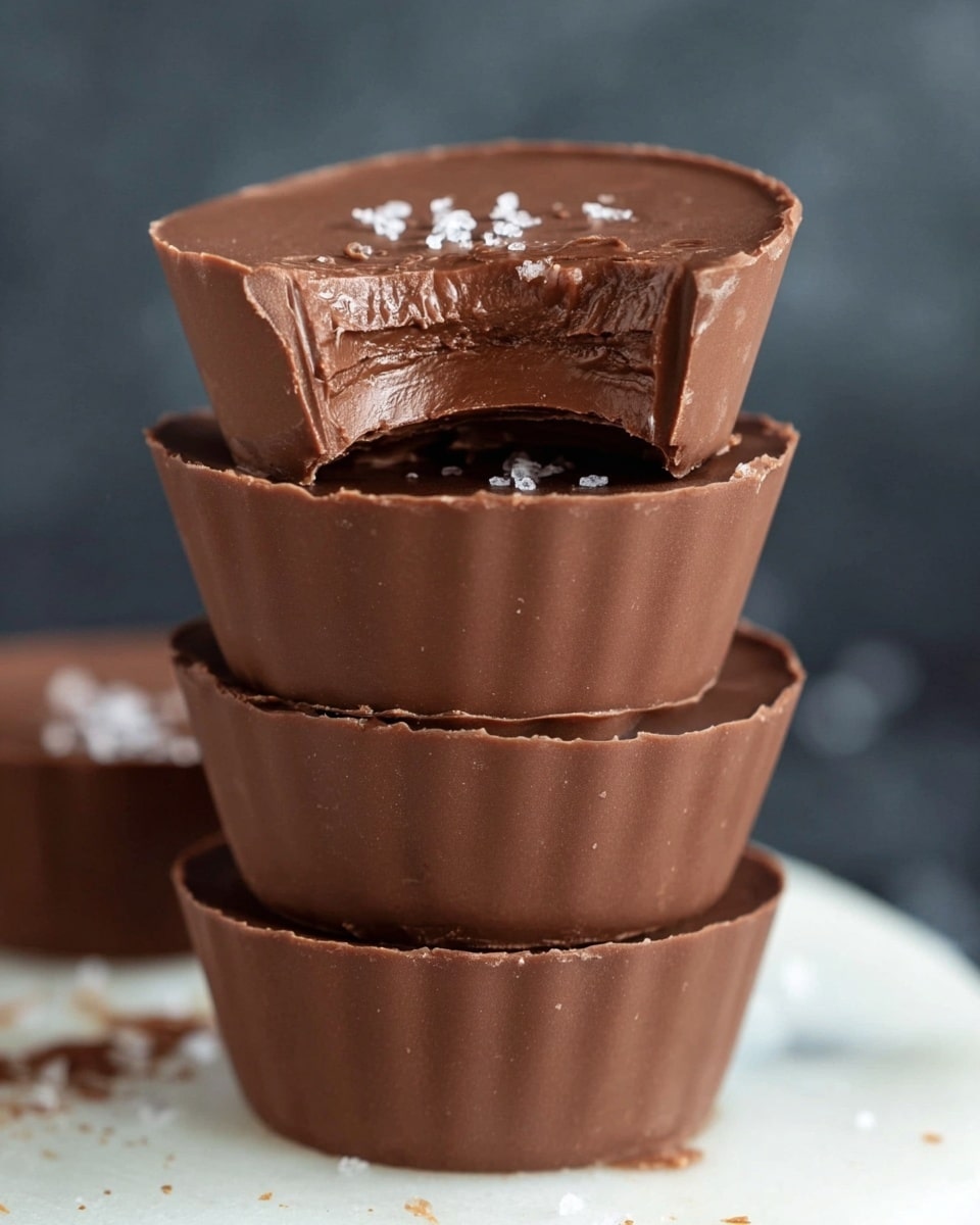 Three smooth, round milk chocolate cups are stacked on top of each other on a white marbled surface, with the top cup showing a bite taken out of it, revealing a creamy, slightly textured chocolate filling inside. The top surface of the upper cup is decorated with small white salt crystals scattered across, adding texture and contrast. The chocolates have a shiny finish, and the edges are clean but slightly soft where the bite is removed. Around the cups, there are scattered chocolate chips and some white crumbs on the white marbled surface, creating a casual and inviting look. photo taken with an iphone --ar 4:5 --v 7