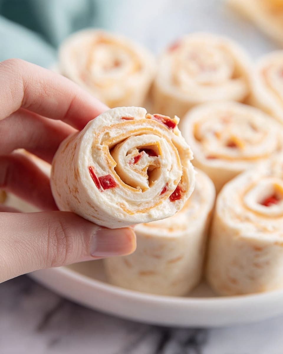 A woman's hand is holding a small rolled snack made of three visible layers. The outermost layer is a soft, light beige tortilla wrap, followed by a creamy white layer of cheese spread mixed with finely chopped red bell pepper pieces. Inside, a thin layer of shredded light orange cheese swirls gently through the roll. More of these rolled snacks are placed closely together on a white plate in the background, all on a white marbled surface. photo taken with an iphone --ar 4:5 --v 7