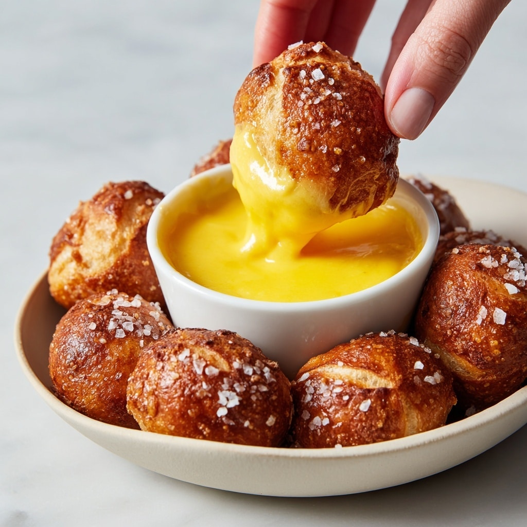 A close-up image shows a woman's hand dipping a small golden-brown soft pretzel bite into a small white bowl filled with bright yellow melted cheese. The pretzel bites have a shiny surface with coarse salt sprinkled on top, and they surround the bowl on a white marbled surface. The texture of the cheese looks smooth and creamy, and the pretzel bite being dipped shows a thick layer of cheese coating its bottom. photo taken with an iphone --ar 4:5 --v 7