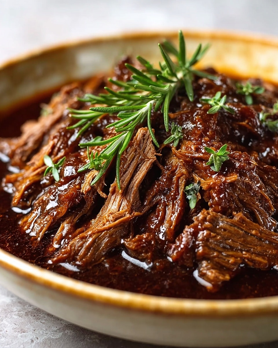 The dish shows several pieces of tender, shredded brown meat covered in a thick, shiny dark brown sauce, resting in a shallow white plate with visible texture on its surface. On top of the meat, a fresh green sprig of herbs, likely rosemary, adds a pop of color and freshness. The rich sauce pools around the meat at the bottom of the plate, giving a glossy and moist look to the entire dish. The setting is on a white marbled texture surface that softly contrasts with the deep colors of the food, creating an inviting and appetizing appearance. photo taken with an iphone --ar 4:5 --v 7