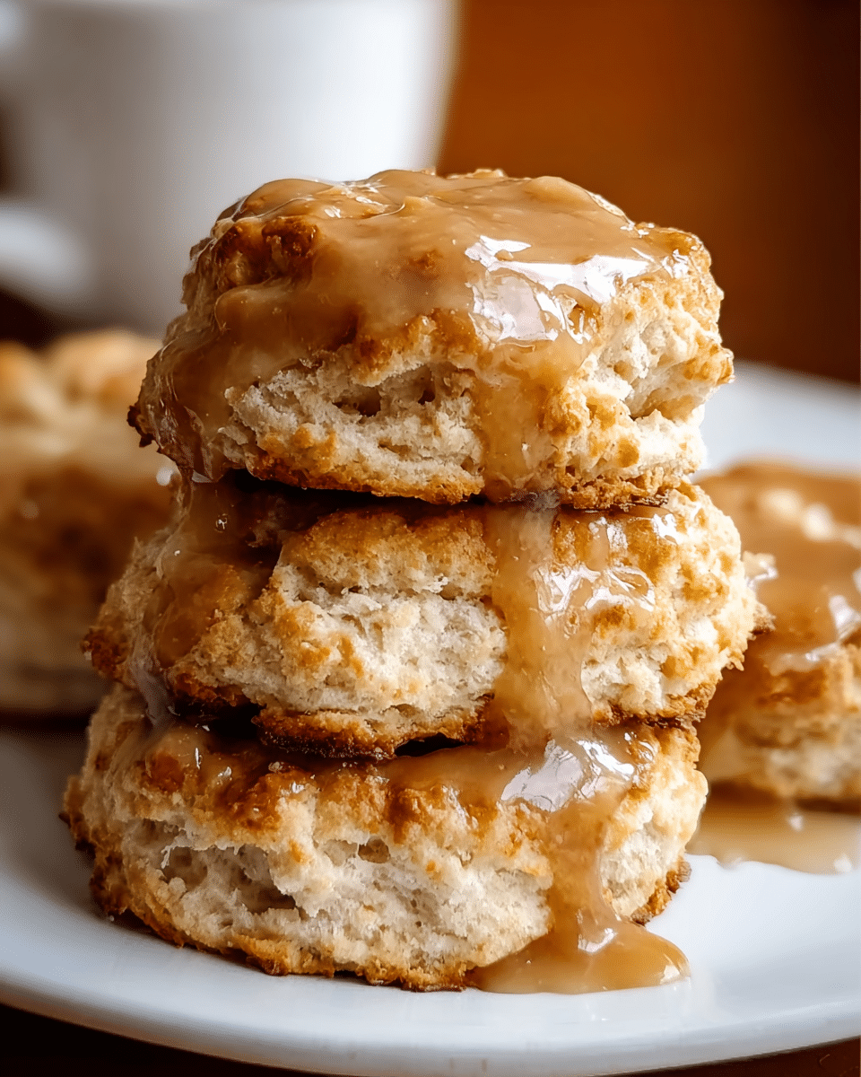 A stack of four golden-brown biscuits sits on a white plate with a shiny glaze sauce generously dripping over the top and down the sides, highlighting the biscuits' crumbly and textured surface with visible layers of fluffy, soft interior and crisp, uneven edges. The close-up view focuses on the details of each biscuit’s rough yet moist texture and the thick, sticky glaze coating them. The background is softly blurred with warm tones, while the plate contrasts with a smooth white marbled texture below. photo taken with an iphone --ar 4:5 --v 7