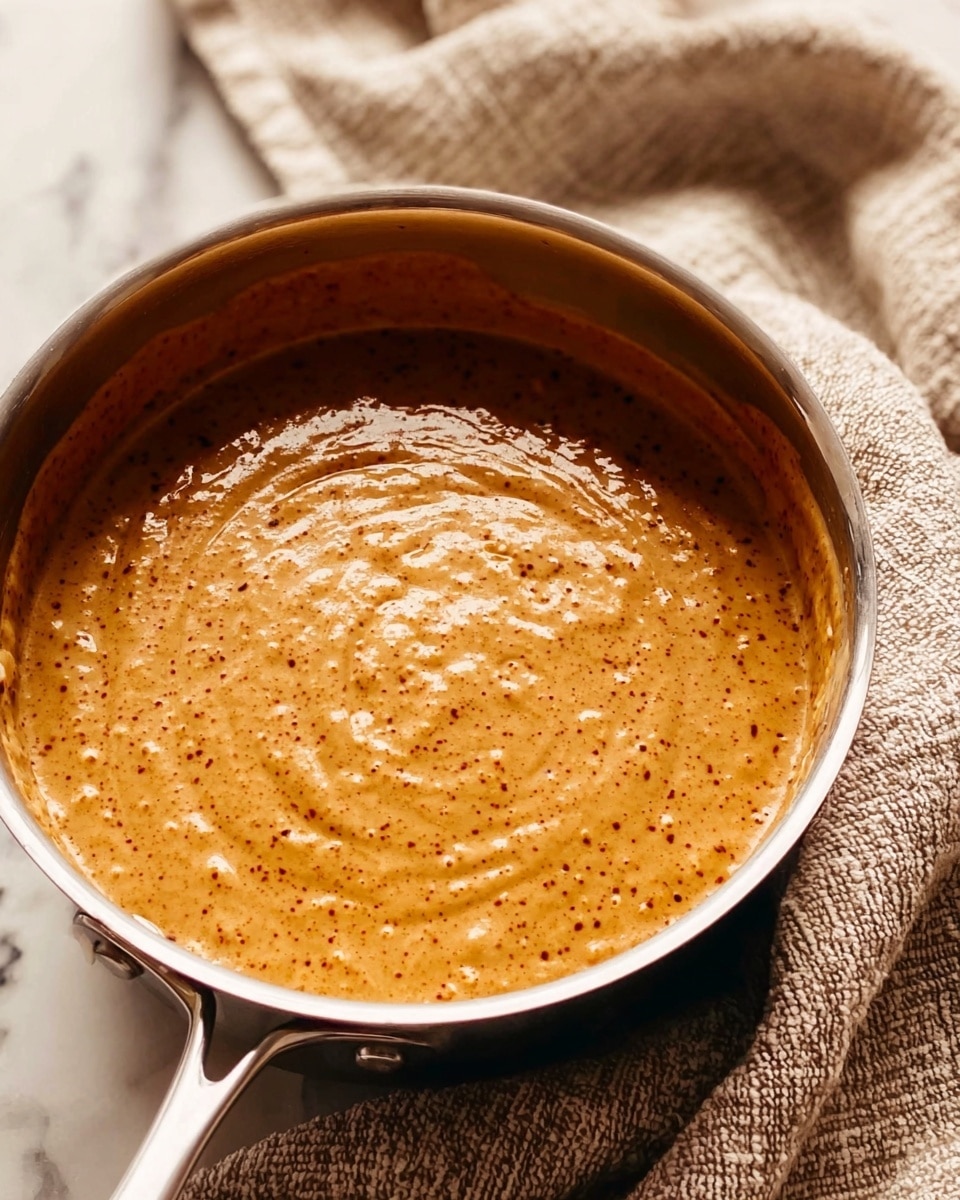 A close-up of a shiny metal pot filled with thick, creamy sauce that is golden brown with small darker specks throughout. The sauce has a slightly textured surface with a few gentle swirls, showing its rich and smooth consistency. The pot is set on a white marbled surface, and a textured beige and brown cloth is draped softly in the background. The lighting highlights the glossy texture of the sauce, making it look warm and fresh. photo taken with an iphone --ar 4:5 --v 7