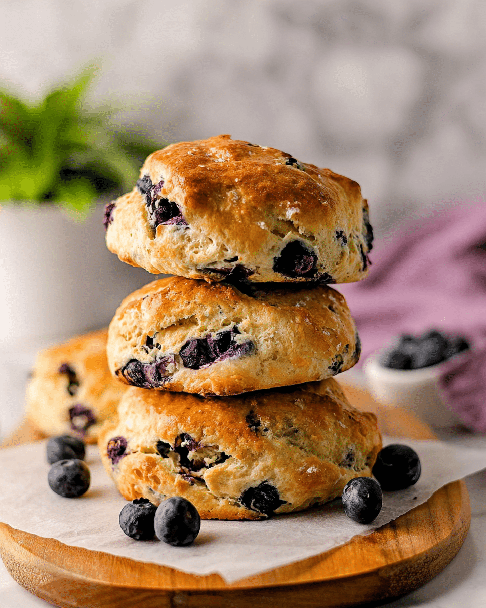 A stack of three golden brown scones filled with dark blueberries is placed on a piece of white parchment paper atop a wooden board. The top scone shows a slightly rough texture with blueberries visible on the surface and some bursting open, adding a hint of purple. Around the base of the stack and on the parchment are several round, plump blueberries with a smooth deep blue color. The background has a soft focus with a lavender cloth and a small green potted plant, all set on a white marbled surface. photo taken with an iphone --ar 4:5 --v 7