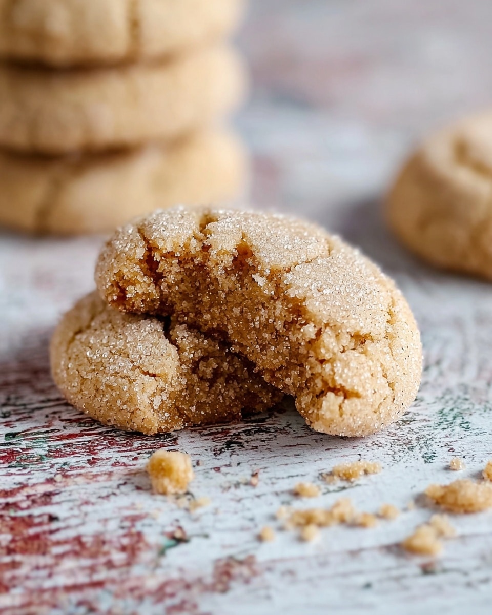 A close-up of a soft, round cookie with a rough sugar-coated texture and a bite taken out of its side, showing a crumbly inside. The cookie rests directly on a white marbled texture that looks like weathered wood with faded paint, and a few crumbs lie nearby. In the background, there is a blurred stack of similar cookies. photo taken with an iphone --ar 4:5 --v 7