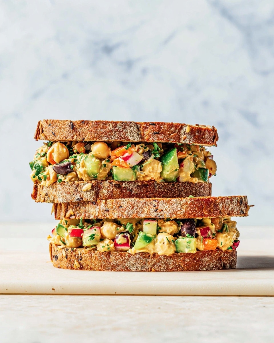 The image shows a sandwich made with two thick slices of multigrain bread that have visible seeds and a rough texture. Between the bread slices is a colorful filling composed of various chopped vegetables and legumes, including green cucumber pieces, red radishes, black olives, light beige chickpeas, and bits of orange carrot, all mixed together with green herbs that add freshness. The filling looks chunky and moist, overflowing slightly from the edges of the bread. The sandwich is placed on a flat white surface with a white marbled texture background, giving a clean and bright look. photo taken with an iphone --ar 4:5 --v 7