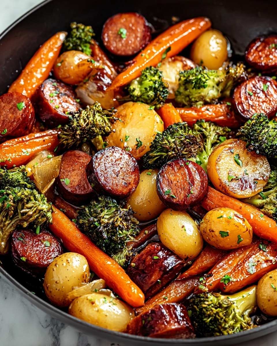The dish shows a black pan filled with cooked food layers: shiny dark brown sausage slices with grill marks, glossy orange baby carrots, bright green broccoli florets with a slightly charred look, and golden-brown small potato halves with a smooth surface and tiny green herb bits sprinkled all over. The ingredients are mixed closely, showing a rich, oily texture and some caramelized bits on the pan’s black surface. The pan rests on a white marbled texture. photo taken with an iphone --ar 4:5 --v 7