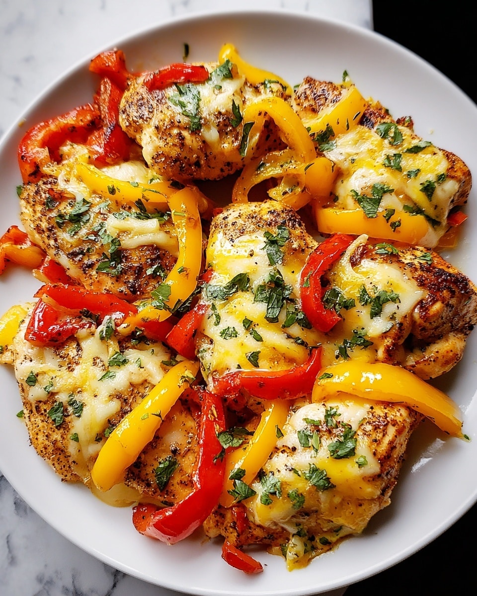 A white round plate filled with about eight pieces of cooked chicken topped with melted cheese that looks soft and slightly golden. Each piece of chicken is covered with bright yellow and red bell pepper strips and sprinkled with fresh green herbs. The chicken showing a crispy, slightly browned texture with black pepper seasoning is underneath the colorful peppers and cheese, making the dish look juicy and tasty. The plate is placed on a white marbled surface. photo taken with an iphone --ar 4:5 --v 7