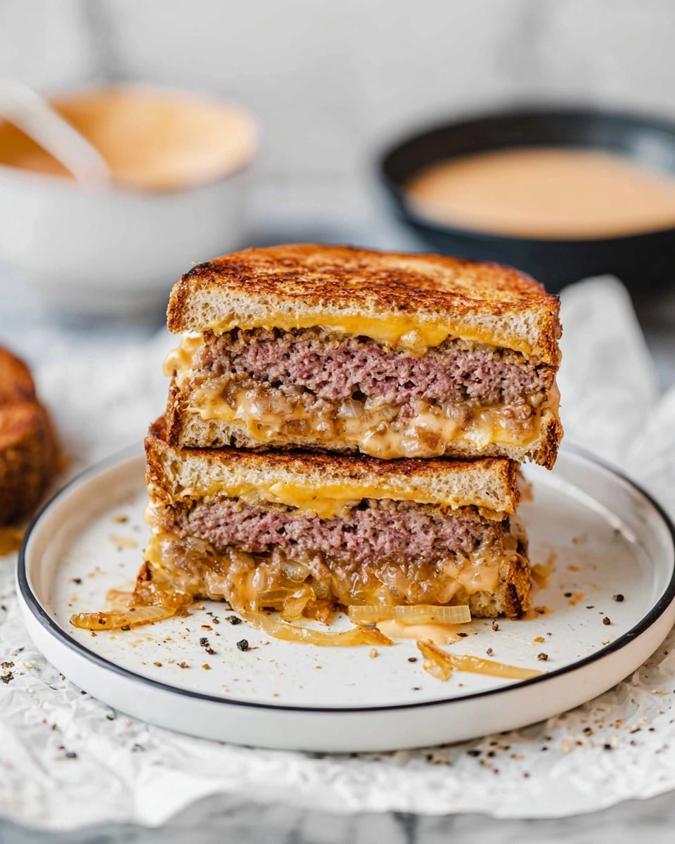 This image shows a sandwich cut in half and stacked, placed on a white plate with a thin black rim, set on crumpled parchment paper over a white marbled surface. The sandwich has two toasted golden-brown bread slices with a slightly crispy texture. Inside, there are two thick layers of cooked pinkish ground meat patties, separated by layers of melted light orange cheese mixed with soft caramelized onions. Some melted cheese and onions are spilling out from the sandwich onto the plate, which is sprinkled with small black pepper bits. In the background, there is a blurred white bowl with a spoon inside and a black bowl filled with a light orange creamy sauce. Photo taken with an iphone --ar 4:5 --v 7