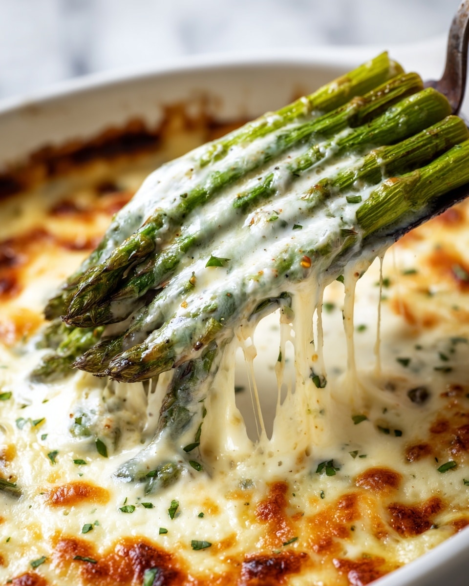 The image shows a close-up of a cheesy asparagus bake, where a spatula lifts a bundle of bright green asparagus stalks covered in melted, bubbling white cheese with golden-brown spots. The asparagus is tender and neatly arranged in a white dish filled with creamy cheese sauce that has a slightly browned crust and small green herb bits sprinkled on top. The cheese stretches in gooey strands from the dish as the asparagus is lifted, emphasizing the dish’s rich, creamy texture against the white marbled surface beneath it. photo taken with an iphone --ar 4:5 --v 7