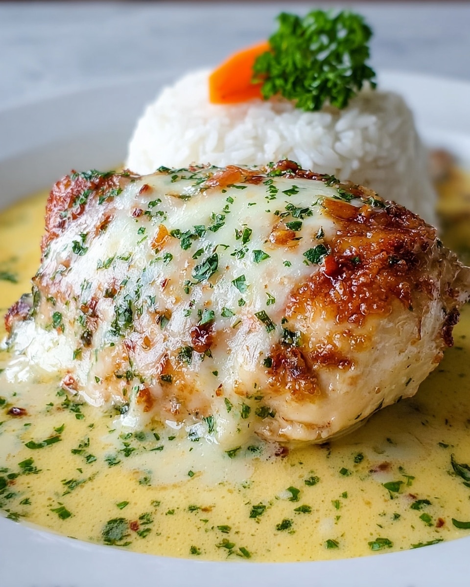 A close-up image of a single baked chicken breast with a golden-brown, crispy top covered in melted white cheese and sprinkled with chopped green herbs. The chicken sits in a creamy yellow sauce that pools around the base, also dotted with herbs. Behind the chicken is a mound of white rice with a small piece of orange carrot and a sprig of green parsley as garnish. The dish is served on a white plate, set on a white marbled surface. photo taken with an iphone --ar 4:5 --v 7