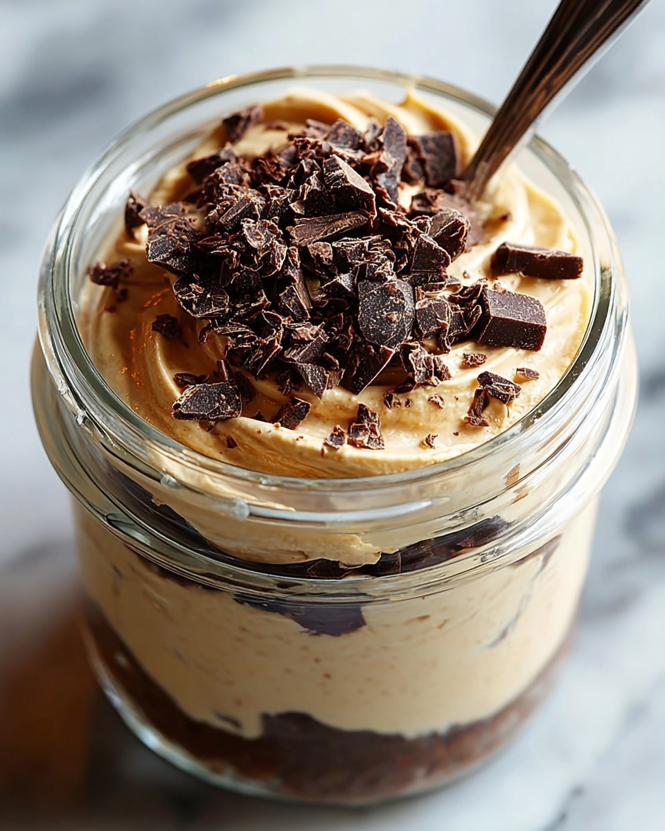 A clear jar filled with three visible layers of thick light brown cream, mixed with pieces of dark chocolate scattered inside and topping the jar. The top layer has uneven swirls of creamy texture with a generous pile of dark, rough chopped chocolate pieces covering most of the surface. A small metal spoon rests on the top layer, partially inserted into the cream. The jar sits on a white marbled texture background. photo taken with an iphone --ar 4:5 --v 7