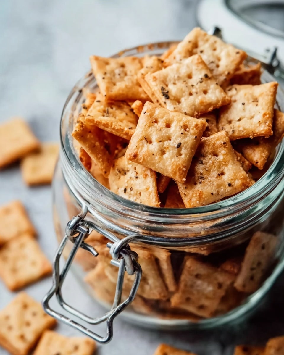 The image shows a close-up of a glass jar filled with small square crackers. The crackers are golden brown with a slightly rough texture and have small specks of seasoning visible on them, giving them a crispy, baked look. Some crackers are resting inside the jar, while a few have spilled out onto a white marbled surface around the jar. The jar’s metal clasp and clear glass add reflective details, highlighting the warm tone of the crackers. photo taken with an iphone --ar 4:5 --v 7