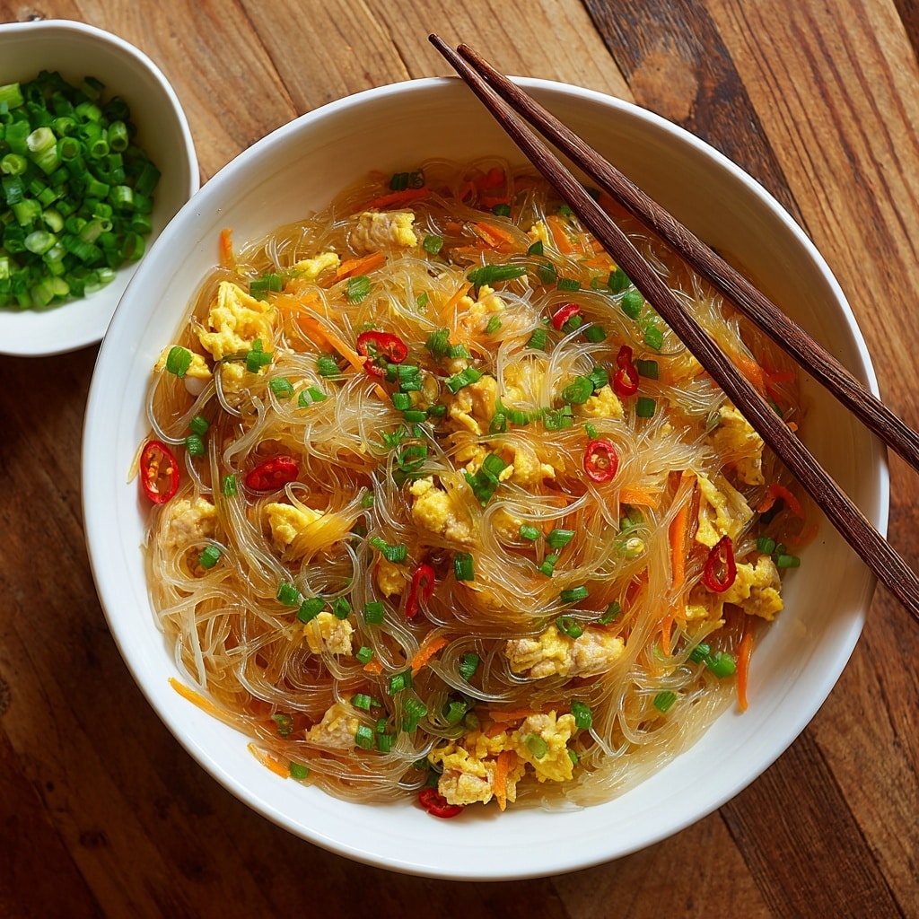 The image shows a close-up of a dish with three main layers: the bottom layer is thin, transparent brown noodles, tangled and glossy; the middle layer consists of bright orange and red carrot strips, along with vibrant green stalks of green onion; the top layer features light golden, fluffy scrambled egg pieces and small, tender, browned chicken chunks scattered unevenly throughout. Everything is mixed together, showcasing different textures from soft eggs and chicken to crunchy vegetables, all on a white marbled texture. photo taken with an iphone --ar 4:5 --v 7