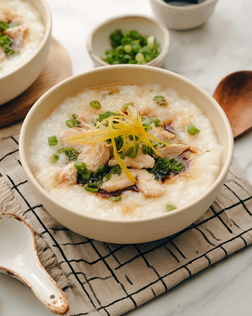 A creamy light beige soup fills a white pot with a dark rim, with small pieces of pale chicken partially submerged inside. Thin, pale yellow julienned strips of ginger rest on top, scattered lightly with bright green chopped spring onions. In the foreground, a woman's hand holds a beige and black-striped cloth near the pot. The scene sits on a white marbled surface with a neutral cloth in the background. photo taken with an iphone --ar 4:5 --v 7