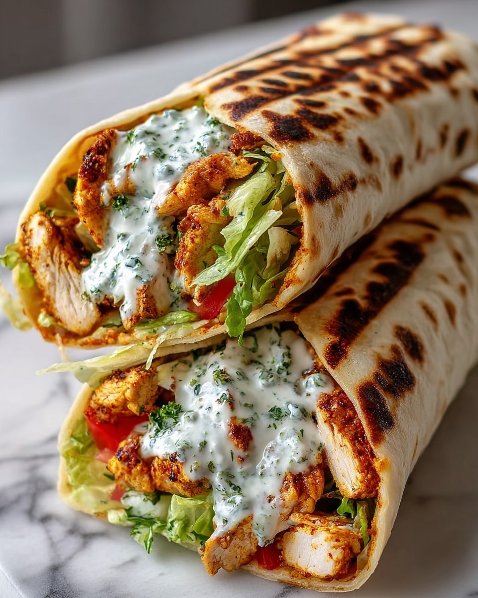 The image shows two grilled wraps, one stacked on top of the other, with their open ends facing the camera. Each wrap has three visible layers: the outside is a golden-brown grilled flatbread with charred marks, inside there are chunks of spiced grilled chicken showing a crispy, light orange texture, topped with a fresh layer of green lettuce mixed with small pieces of red tomato, and on top of the fillings, there is a creamy white sauce flecked with green herbs. The wraps rest on a white marbled surface. photo taken with an iphone --ar 4:5 --v 7
