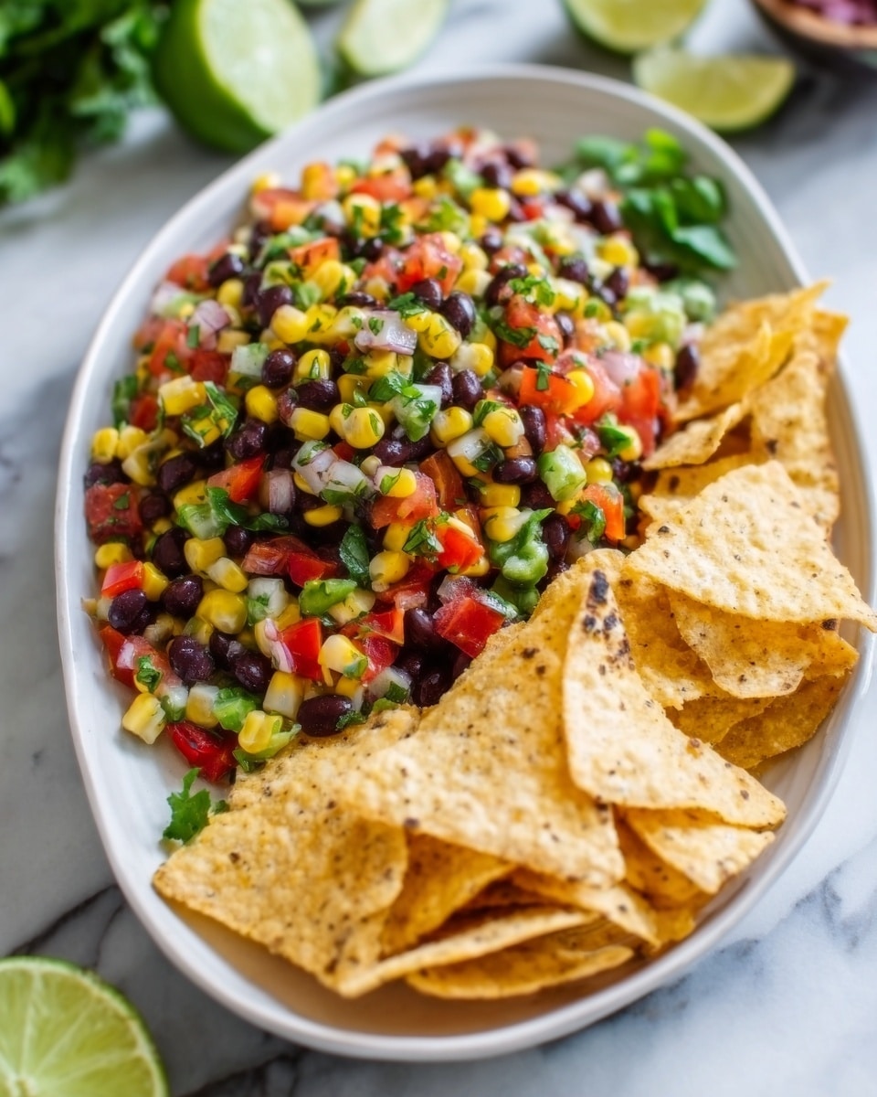 A white oval plate holds a colorful layered corn salsa and chips dish, with a base layer of diced black beans and corn mixed with bright red bell peppers and green scallions. On top, small pieces of diced tomatoes, fresh green cilantro, and yellow corn kernels add more color and texture. Crunchy triangular tortilla chips, light yellow with some brown spots, are neatly arranged on one side of the plate, leaning against the salsa. The plate is placed on a white marbled surface, with a blurred lime wedge and other fresh ingredients in the background. The photo taken with an iphone --ar 4:5 --v 7