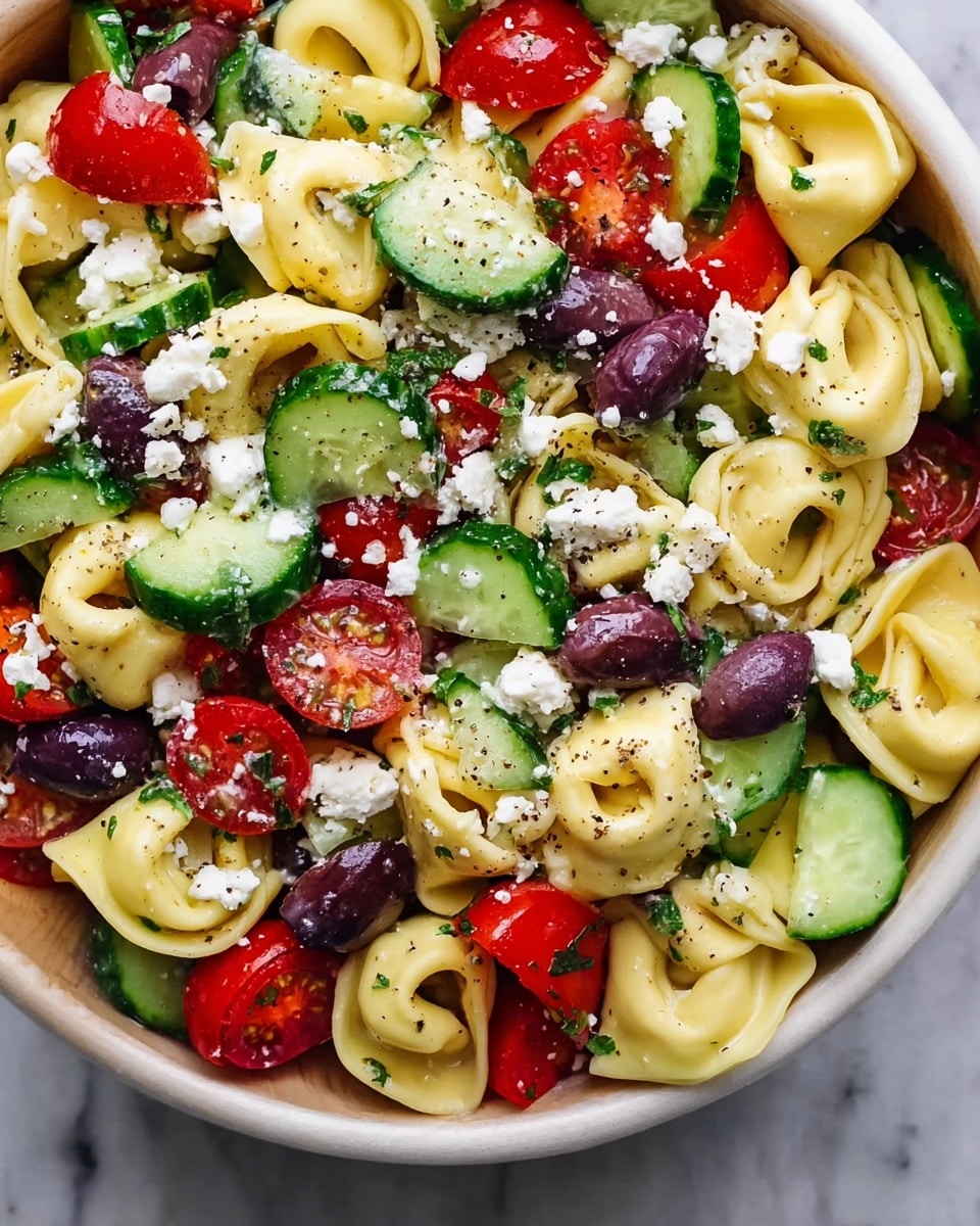 A wooden bowl filled with a colorful pasta salad sits on a white marbled surface, showing layers of light beige tortellini pasta, bright green cucumber slices, deep purple olives, red cherry tomato halves, and crumbled white feta cheese scattered on top. The pasta looks soft and smooth, the cucumbers fresh with visible seeds, and the olives glossy and whole. The feta cheese is crumbly and adds a touch of white contrast to the mix, with bits of green herbs sprinkled over everything. In the softly blurred background, there are more wooden bowls with similar salad, one with a wooden spoon. Photo taken with an iphone --ar 4:5 --v 7