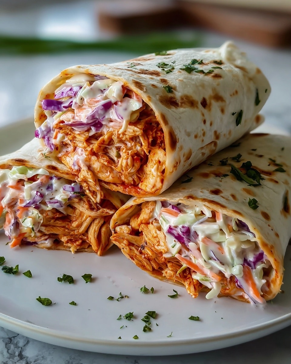 Three chicken wraps are stacked on a white plate with scattered green herb pieces around. Each wrap has a toasted light brown tortilla with small char marks, showing a soft texture. Inside, there are three visible layers: the bottom layer is shredded chicken covered in a shiny reddish-brown sauce, the middle layer is a mix of thinly sliced purple and white cabbage along with some orange carrot strips, and the top layer is a creamy light dressing that lightly coats the vegetables. The wraps are tightly rolled, with one wrap angled slightly forward to reveal the colorful filling. The scene is set on a white marbled surface. photo taken with an iphone --ar 4:5 --v 7