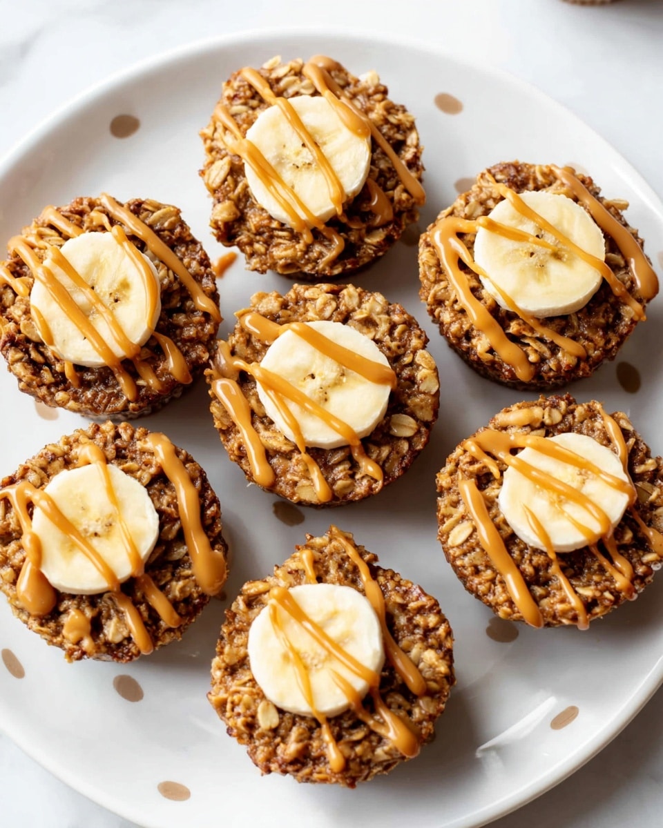There are seven small oat muffins arranged on a white plate with small brown and green dot patterns on it, which sits on a white marbled surface. Each muffin has a rough textured brown base made of oats, topped with a light brown peanut butter drizzle in thin lines spread across the surface. On the center of each muffin, there is a single thick round slice of pale yellow banana with soft edges. The muffins are spaced evenly, showing clear details of the oats and peanut butter on each one. Photo taken with an iphone --ar 4:5 --v 7