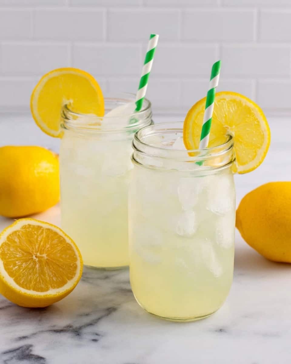 A clear mason jar filled with pale, almost transparent yellow lemonade and ice cubes sits on a white marbled surface, with a green and white striped straw standing upright inside the drink. A fresh lemon slice with bright yellow color is placed on the rim of the jar. In the background, a second mason jar with the same lemonade and lemon slice is slightly blurred, along with whole lemons visible further back. The background is a simple white tiled wall. photo taken with an iphone --ar 4:5 --v 7
