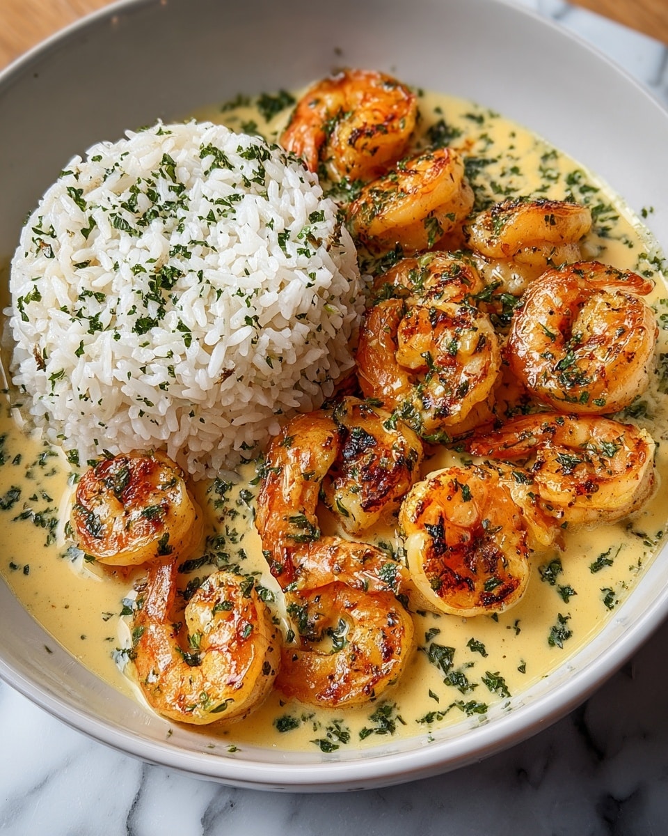 A heart-shaped white bowl holds a dish with two main parts: a mound of white rice on the left side sprinkled with green herbs, and bright orange peeled shrimp on the right side, cooked with light brown grill marks and garnished with chopped green herbs. The shrimp sits in a creamy pale yellow sauce with visible flecks of green herbs, covering the bottom of the bowl. The bowl is placed on a surface with white marbled texture. photo taken with an iphone --ar 4:5 --v 7