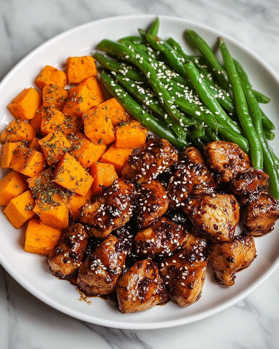 A white plate holds a meal divided into three parts: the bottom half is filled with bite-sized chicken pieces coated in a glossy dark brown sauce with visible small black spices and white sesame seeds sprinkled on top; the left side of the plate has bright orange roasted sweet potato cubes seasoned with small black herbs, showing a slightly crispy texture; the right side features bright green steamed green beans with a smooth, shiny surface and white sesame seed garnish, all set against a white marbled background. photo taken with an iphone --ar 4:5 --v 7