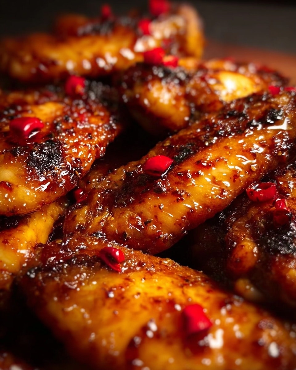 Close-up view of several grilled chicken wings layered with a shiny, sticky glaze that is deep orange-brown in color. The wings have a slightly crispy texture with small charred bits, giving them a smoky look. Tiny pieces of bright red chili flakes are scattered on top, adding spots of vibrant color across the surface. The background is out of focus, keeping the wings as the main subject with rich warm tones. photo taken with an iphone --ar 4:5 --v 7