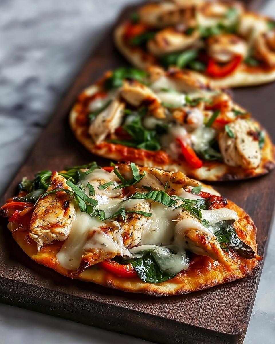 The image shows three small pieces of flatbread pizza on a dark wooden board, placed on a white marbled surface. Each flatbread has three visible layers: the base is a lightly toasted golden-brown flatbread, topped with a layer of red sauce covered in melted white cheese. On top, there are pieces of grilled chicken that are browned with grill marks, scattered with fresh green spinach leaves and some seasoning. The flatbreads have a slightly irregular oval shape with some crispy edges. A blurred woman's hand is reaching from the left top corner, holding or placing one of the pieces. The photo taken with an iphone --ar 4:5 --v 7