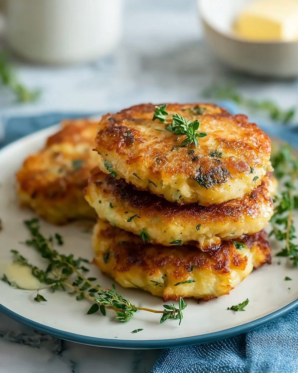A close-up of four golden-brown fried patties stacked on a white plate, each patty round with a slightly uneven surface showing a crispy, browned texture mixed with soft yellow spots, topped with small pieces of bright green chopped herbs evenly scattered across the top. The patties appear thick and soft inside, with a crunchy outer layer, all arranged on a white plate placed on a white marbled textured surface. photo taken with an iphone --ar 4:5 --v 7