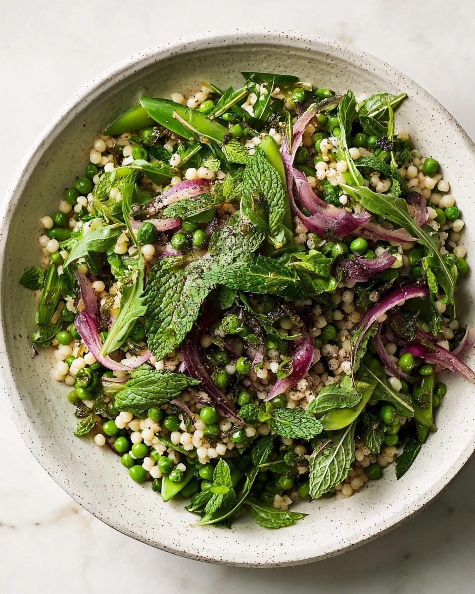 A close-up view of a white speckled bowl filled with a fresh salad made of small, pale yellow couscous pearls mixed with bright green peas. Scattered throughout are leafy dark green arugula and fresh mint leaves adding texture and color contrast. Thin, translucent slices of red onion curl gently among the green and white ingredients, while a light dressing coating gives a slight shine to the different layers. The salad is evenly sprinkled with finely chopped herbs and cracked black pepper, adding small dark accents. The bowl sits on a white marbled surface, enhancing the fresh, natural look of the dish. Photo taken with an iphone --ar 4:5 --v 7