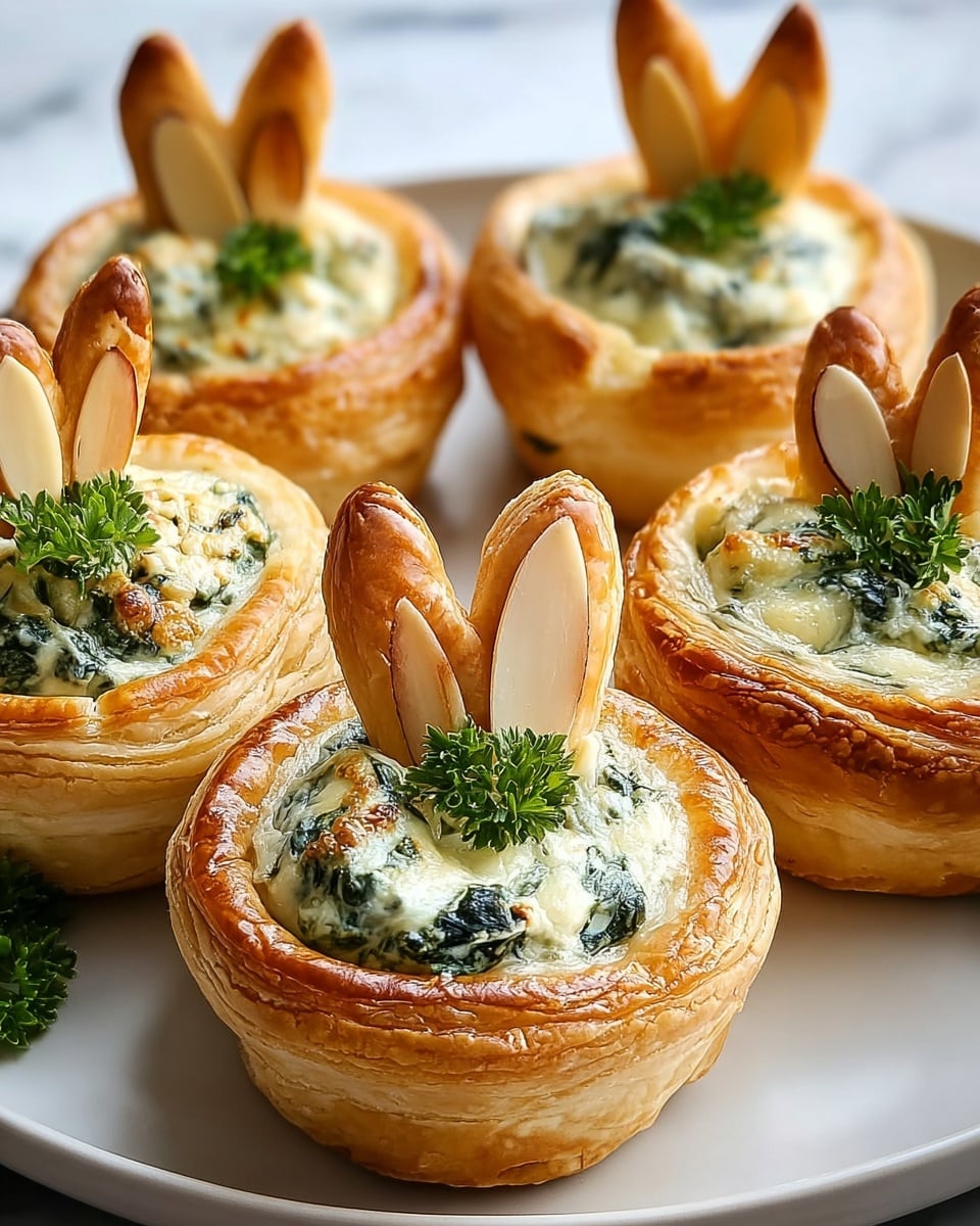 The image shows six golden-brown puff pastry cups arranged on a white plate, each cup filled with a creamy spinach and cheese mixture that is slightly browned on top. Each pastry cup has two small, upright, baked puff pastry pieces resembling bunny ears at the back, adding a playful touch. The filling is dark green with white cheese bits, and the puff pastry has a flaky, layered texture with a warm, toasted color. Small pieces of fresh green herbs are sprinkled on top of the filling and scattered around the plate. The scene rests on a white marbled surface. photo taken with an iphone --ar 4:5 --v 7