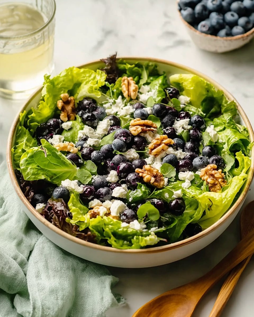 A fresh salad is shown in a large white bowl filled with bright green leafy lettuce as the first layer, topped with dark purple blueberries scattered all over, and white crumbly cheese spread evenly across the surface. Light brown walnut halves are placed on top for added texture, with small leafy herbs mixed among the greens. The bowl is placed on a white marbled surface with a light green cloth napkin and a wooden utensil nearby, with a clear glass of water and a cup of blueberries visible blurred in the background. Photo taken with an iphone --ar 4:5 --v 7